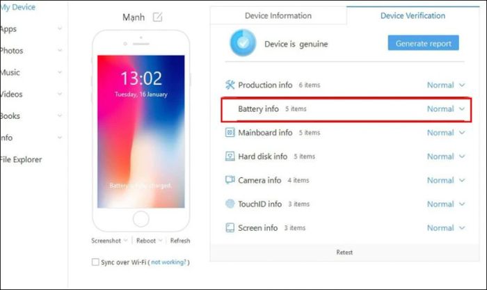 Kiểm tra pin iPhone có bị can thiệp hay không bằng iTools