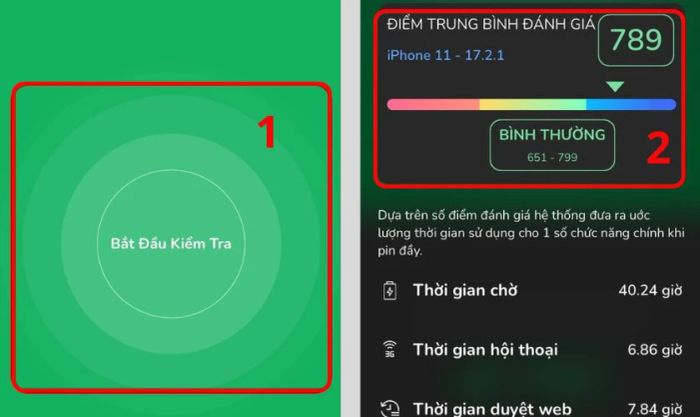 Truy cập mục Pin và chọn Bắt đầu kiểm tra