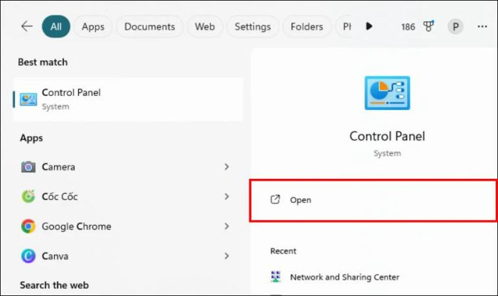 Tìm kiếm Control Panel từ Menu Start và nhấn vào Open