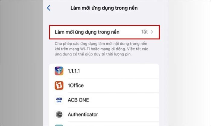 Tắt tính năng làm mới ứng dụng khi không sử dụng