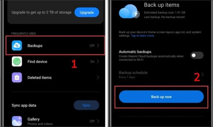 Nhấn chọn Back up now để bắt đầu sao lưu dữ liệu ngay lập tức