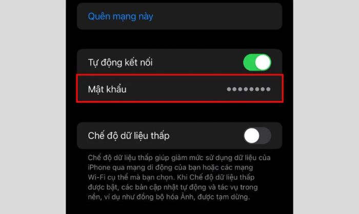 Nhấn vào mật khẩu và đợi vài giây để các dấu sao biến mất