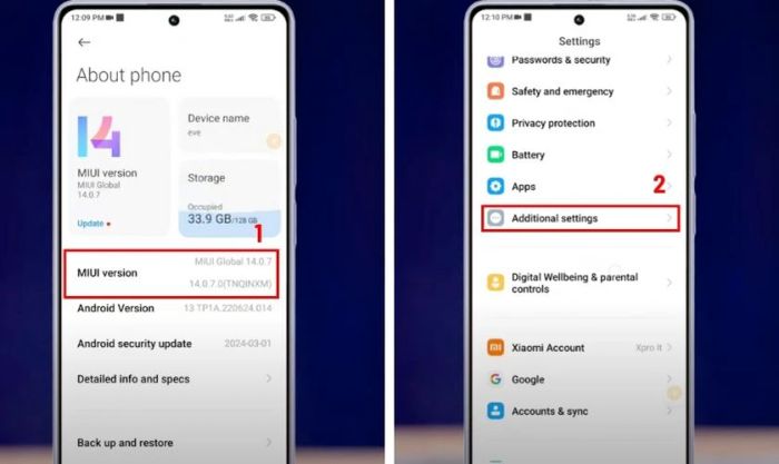 Nhấn vào phiên bản MIUI và sau đó chọn Cài đặt bổ sung