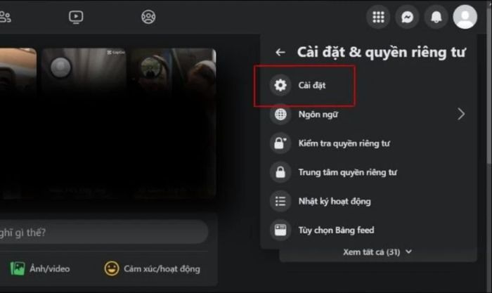 Trong menu hiển thị, chọn mục Cài đặt