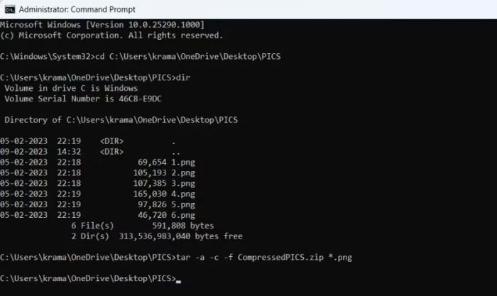 Để nén tất cả các file đã chọn, nhập lệnh “tar -a -c -f Compressed.zip *.FileExt” và nhấn Enter