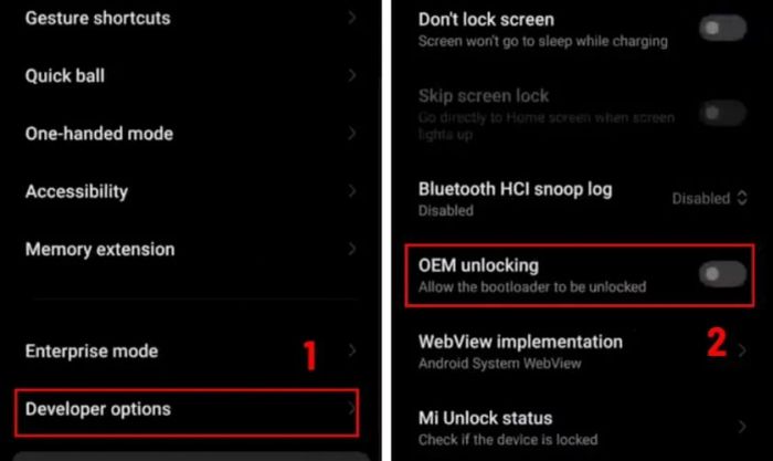 Kích hoạt OEM unlocking trong phần Tùy chọn nhà phát triển