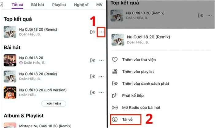 Nhấn vào biểu tượng ba chấm cạnh tên bài hát bạn muốn tải