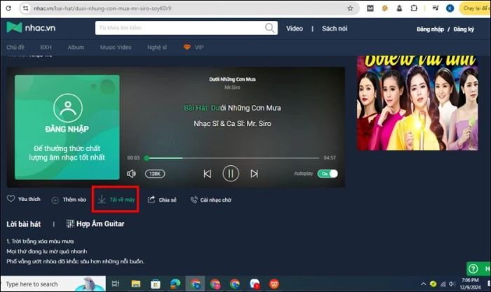 Lựa chọn chất lượng nhạc phù hợp và nhấn tải về điện thoại