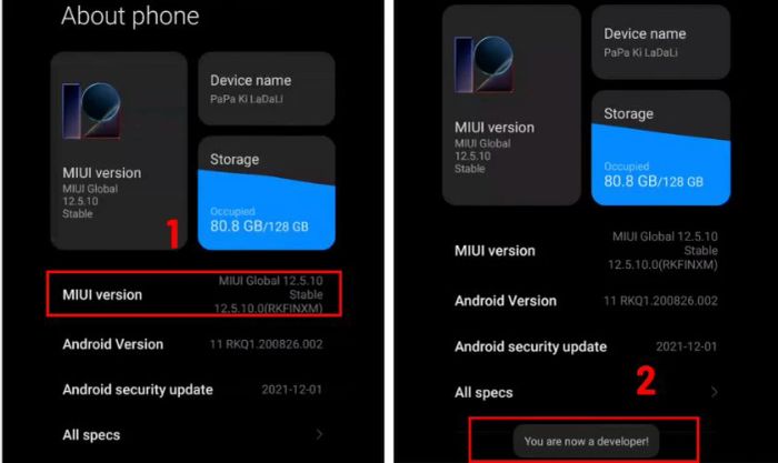 Nhấn liên tục vào Phiên bản MIUI đến khi thấy thông báo như hình minh họa