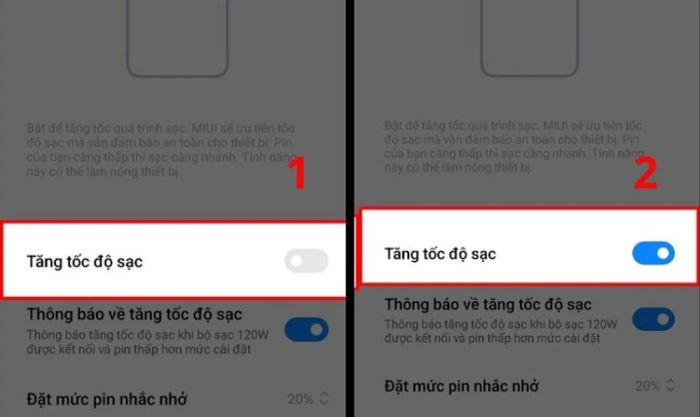 Gạt nút sang phải để kích hoạt tính năng sạc nhanh Xiaomi