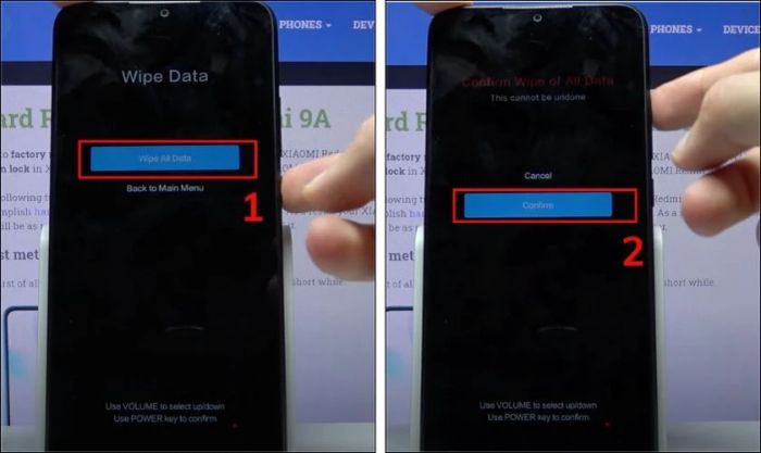 Chọn Wipe All Data và nhấn Confirm để tiến hành xác nhận