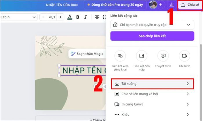 Sau khi hoàn thiện thiết kế, nhấn vào nút Chia sẻ và chọn Tải xuống để lưu ảnh bìa về máy