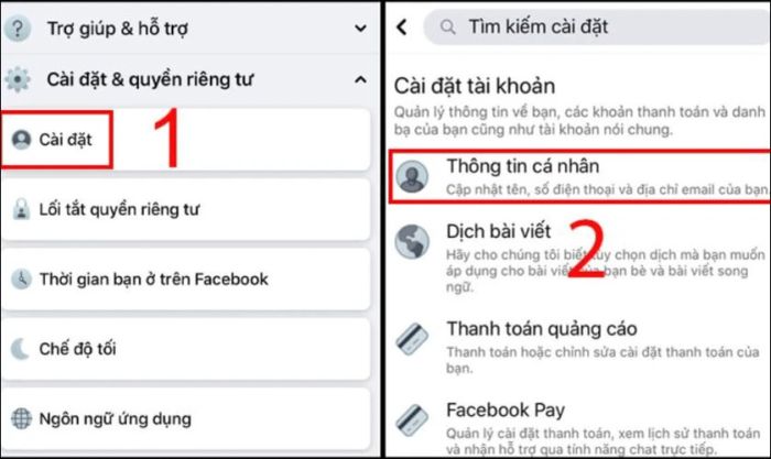 Truy cập vào Cài đặt và chọn mục Thông tin cá nhân