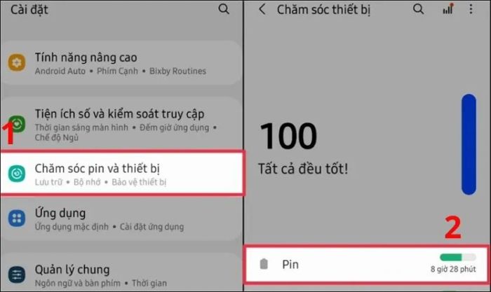 Truy cập Cài đặt tương tự như khi bật sạc nhanh trên Samsung
