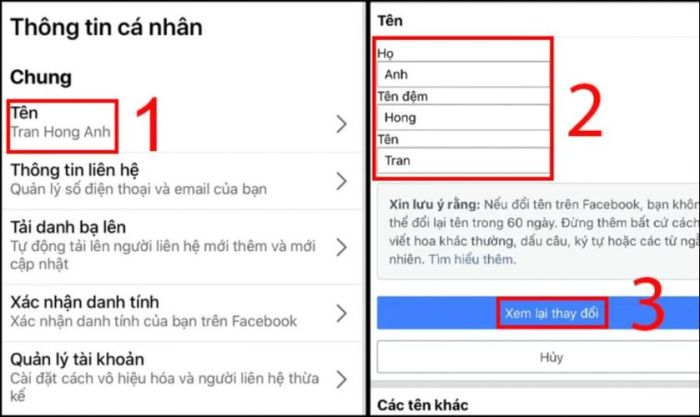 Nhấn vào Tên, nhập tên mới và chọn Xem lại thay đổi.