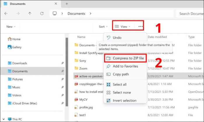 Chọn tệp, nhấn vào nút ba chấm ở góc trên cùng, sau đó chọn Compress to ZIP file
