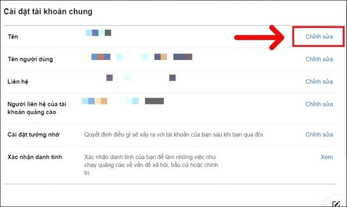 Trong phần Chung, chọn mục Tên và nhấn vào Chỉnh sửa