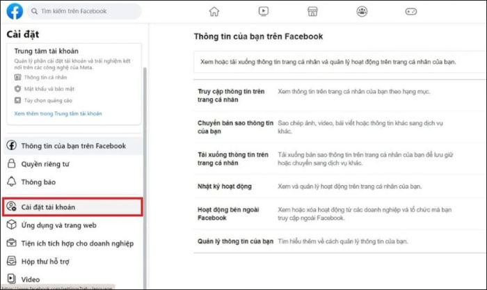 Truy cập vào phần Cài đặt trên Facebook, sau đó chọn Cài đặt tài khoản