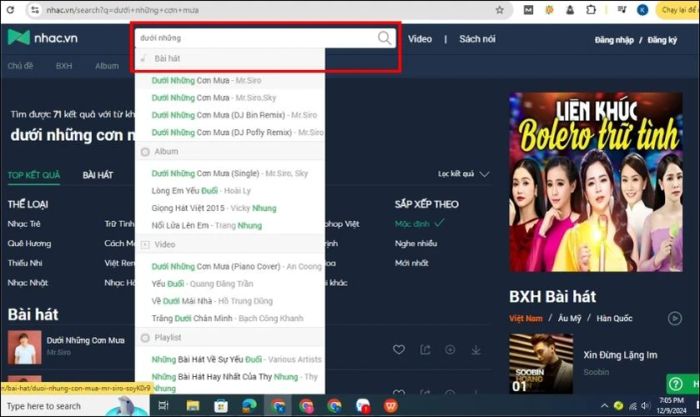 Truy cập nhac.vn và tìm kiếm bài hát bạn muốn tải về