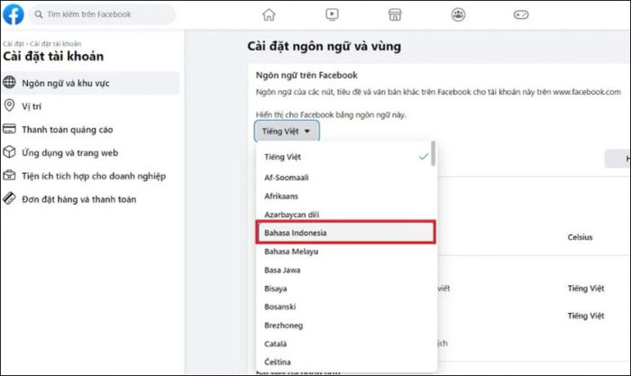 Trong phần Ngôn ngữ và khu vực, chọn Bahasa Indonesia.