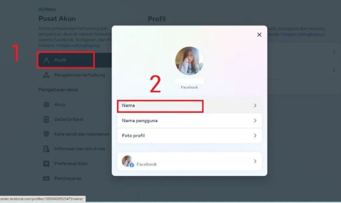 Trong phần Profil, chọn tài khoản cần đổi tên. Nhấn vào Nama để bắt đầu quá trình
