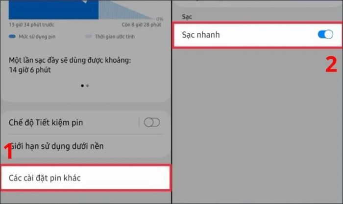 Kéo nút gạt Sạc nhanh sang phải để kích hoạt tính năng