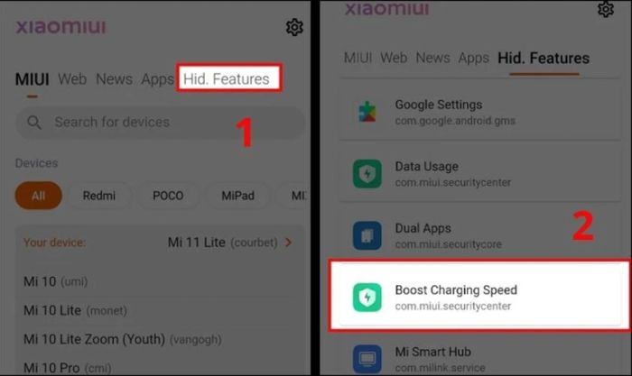 Tìm mục Hid. Features và kích hoạt Boost Charging Speed