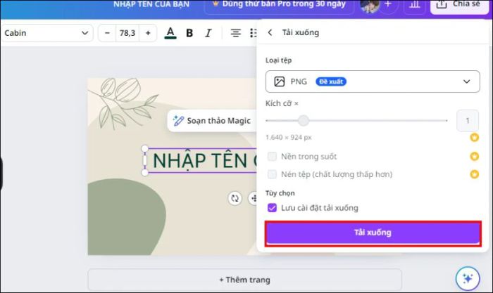 Lựa chọn định dạng và kích thước phù hợp, sau đó nhấn Tải xuống để hoàn thành quá trình