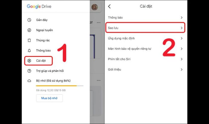 Đi tới phần Cài đặt và chọn Sao lưu