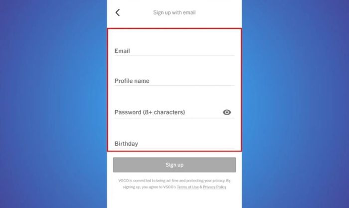 Nhập các thông tin cá nhân như email, tên hồ sơ,...