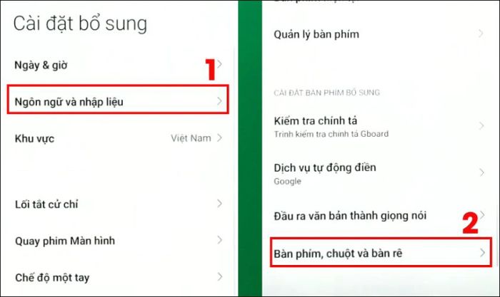 Tiếp tục chọn mục Bàn phím chuột và bàn rê