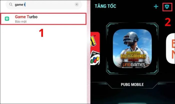 Tìm kiếm Game Turbo và vào phần cài đặt