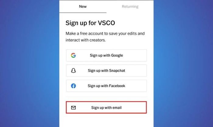 Cách đăng nhập ứng dụng VSCO thông qua email