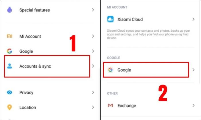 Trên điện thoại Xiaomi cũ, vào mục Cài đặt, chọn Tài khoản & đồng bộ, sau đó chọn Google