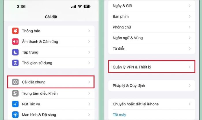 Truy cập mục Quản lý VPN và Thiết bị