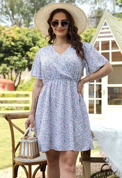 model in the lavender floral version of the dress