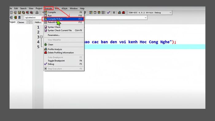 Hướng dẫn chạy chương trình trên Dev C++ - bước 3