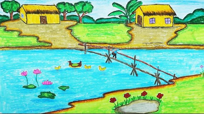 Hình ảnh vẽ tranh quê hương với khung cảnh thanh bình