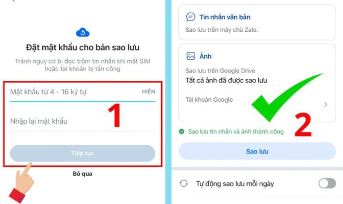 Nhập mật khẩu và tiến hành sao lưu