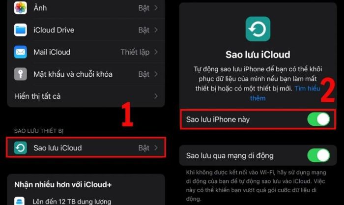 Kích hoạt Sao lưu iCloud và bật tùy chọn Sao lưu iPhone này