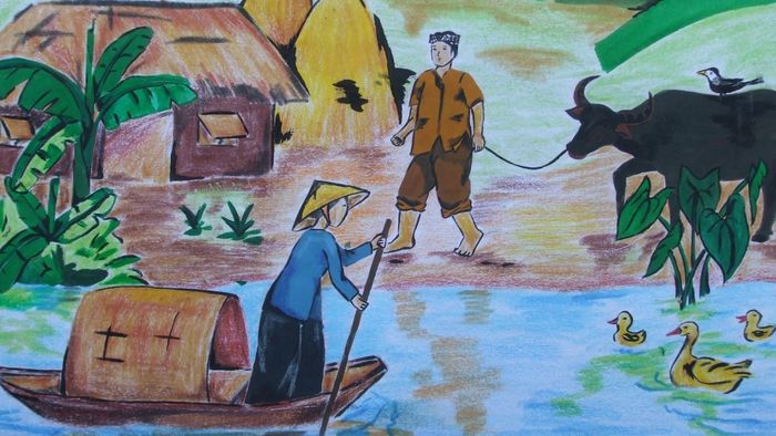 Hình ảnh vẽ tranh quê hương với phong cách nhẹ nhàng, tinh tế
