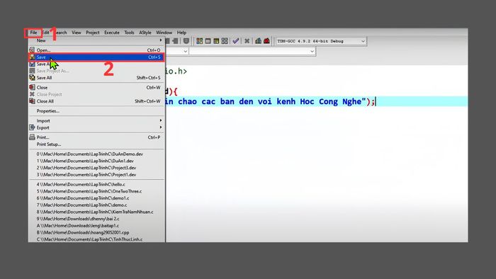 Hướng dẫn lưu code trên Dev C++ - Bước 1