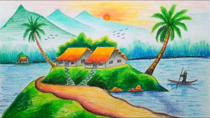 Hướng dẫn cách vẽ tranh quê hương đẹp - Bước 4