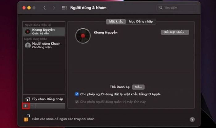 Nhấn vào dấu cộng để tạo tài khoản người dùng mới