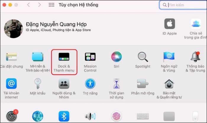 Chọn mục Dock & Thanh Menu