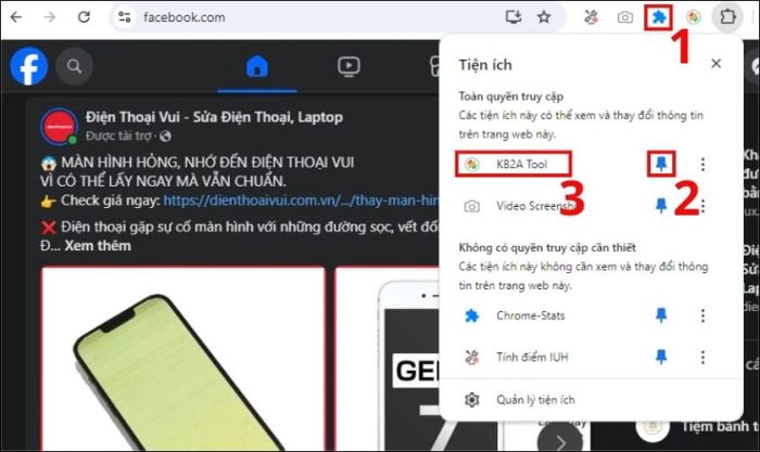 Ghim công cụ KB2A Tool vào thanh công cụ trình duyệt