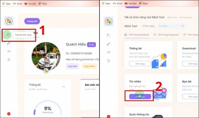 Nhấn vào Toàn bộ tính năng và chọn mục Tin nhắn