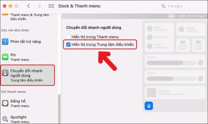 Chọn mục Chuyển đổi nhanh người dùng và đánh dấu vào mục theo hướng dẫn