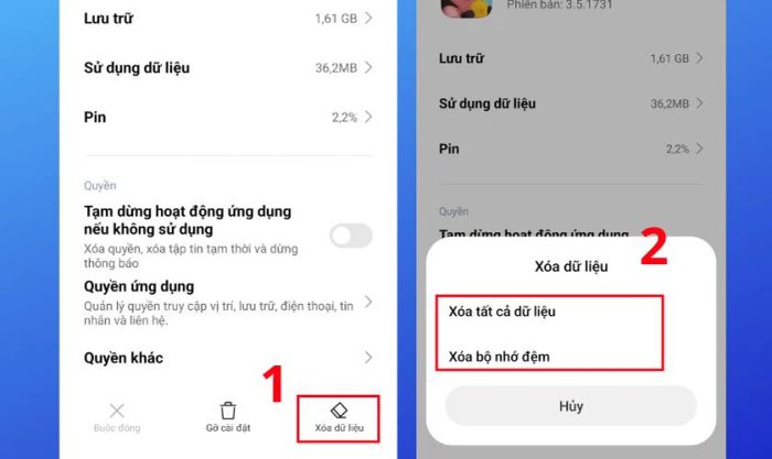 Chọn giữa Xóa tất cả dữ liệu hoặc Xóa bộ nhớ đệm