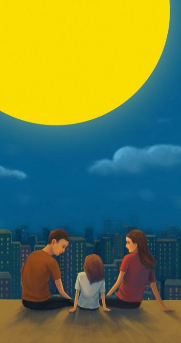 Hình nền Tết gia đình 2025 với cảnh ngắm trăng